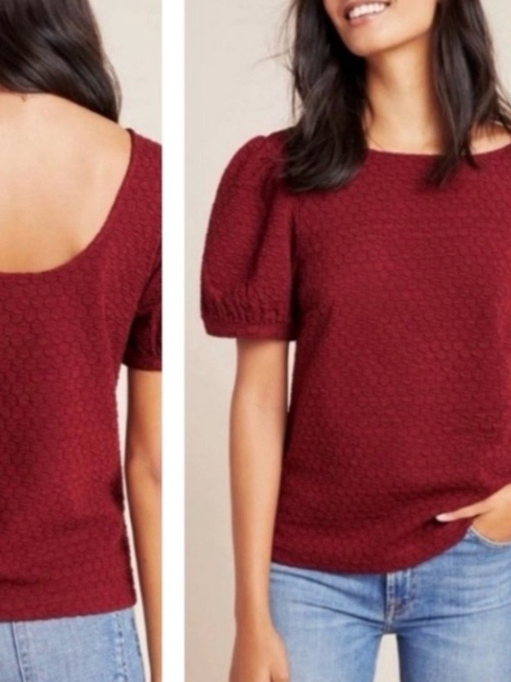 Anthropologie Porridge Burgundy Puff-Sleeve Scoop-Back Sweater Top